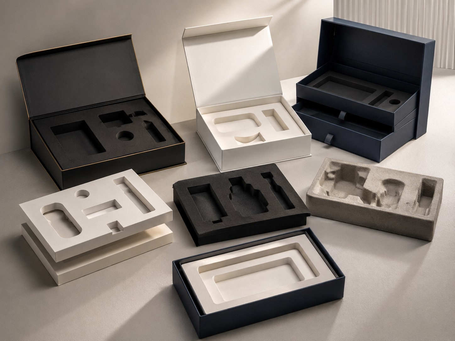 Custom inserts for magnetic presentation boxes including paperboard, EVA and foam inserts