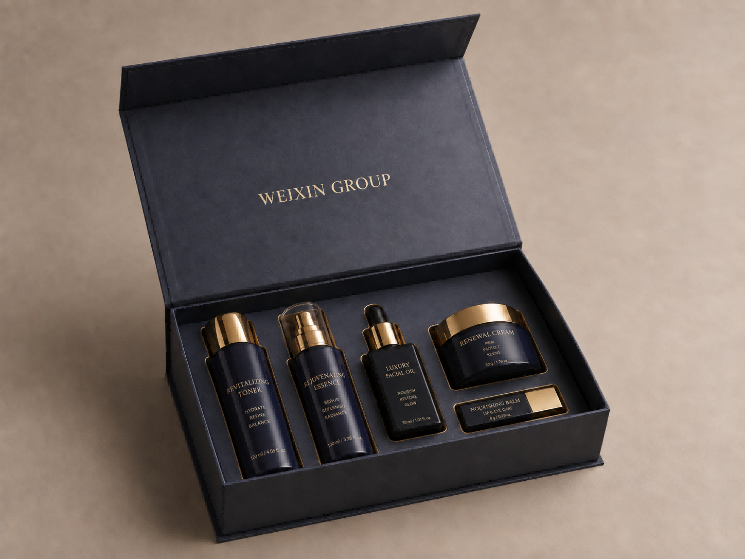 Custom magnetic presentation box for premium product sets and sample kits