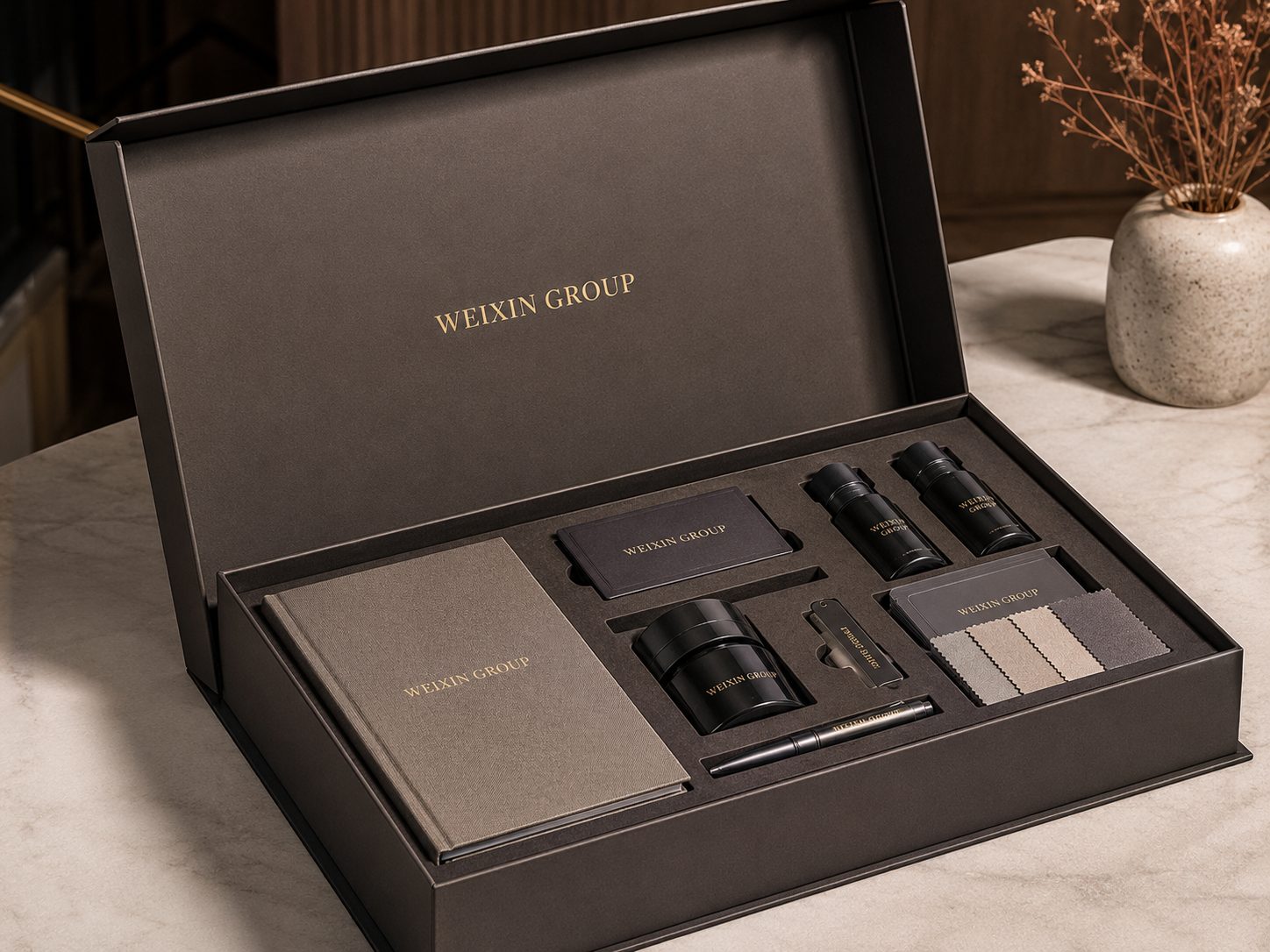 Custom product presentation box with multiple products and fitted insert