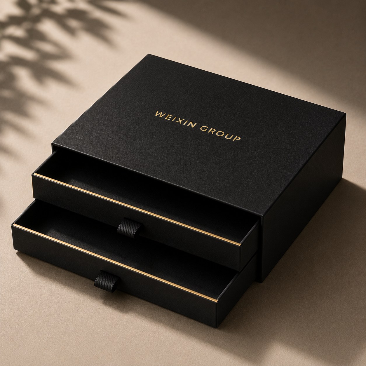 Double drawer rigid box with two sliding trays for premium product sets