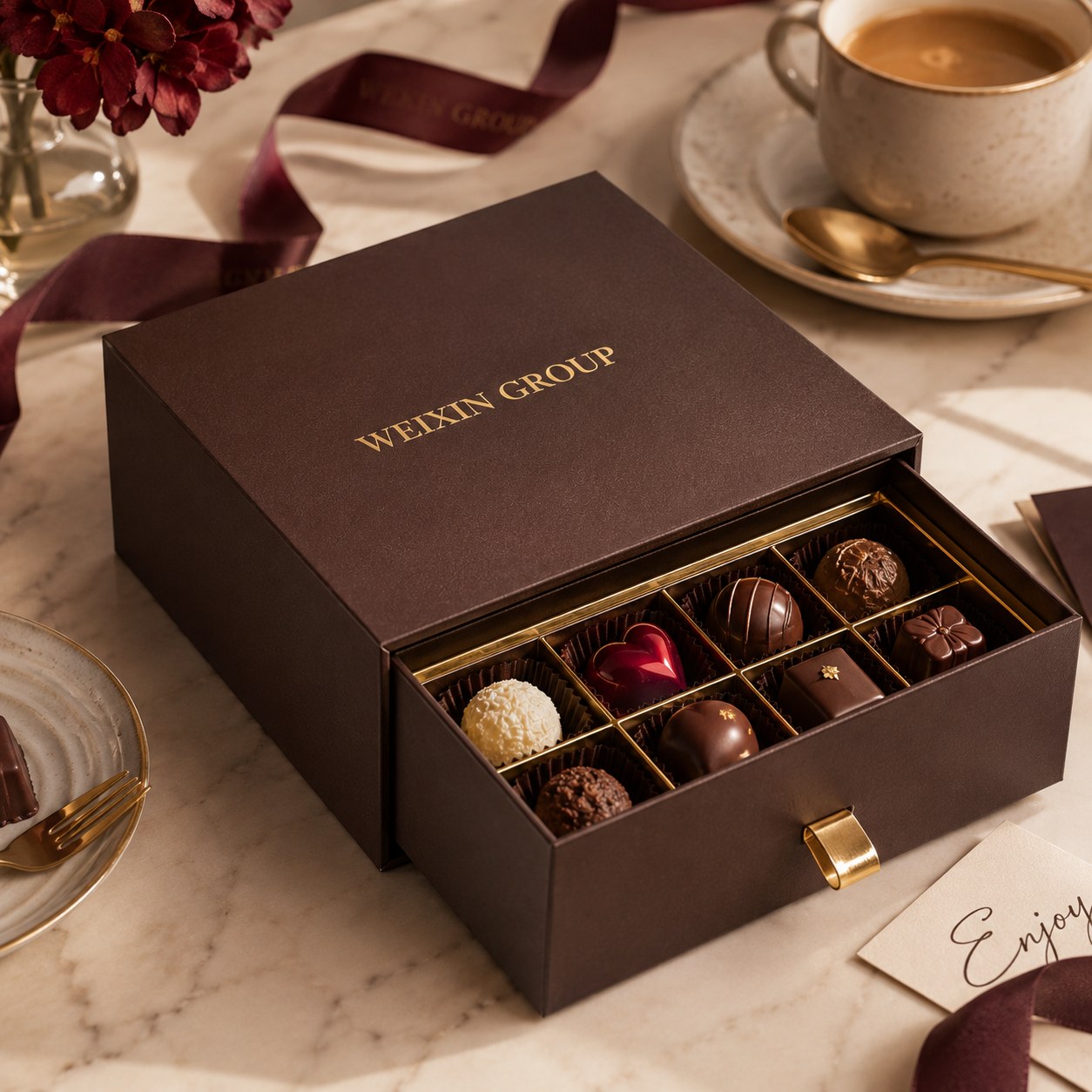 Sleeve and drawer rigid box for chocolates confectionery and premium food gift packaging
