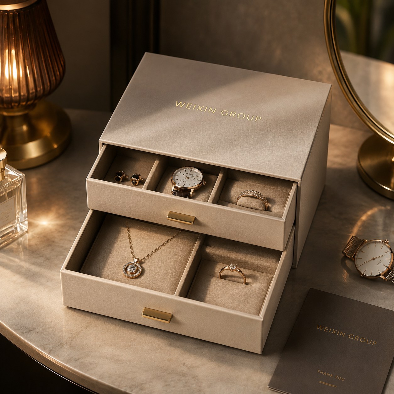 Custom drawer rigid box for jewelry watches and accessories with fitted presentation insert