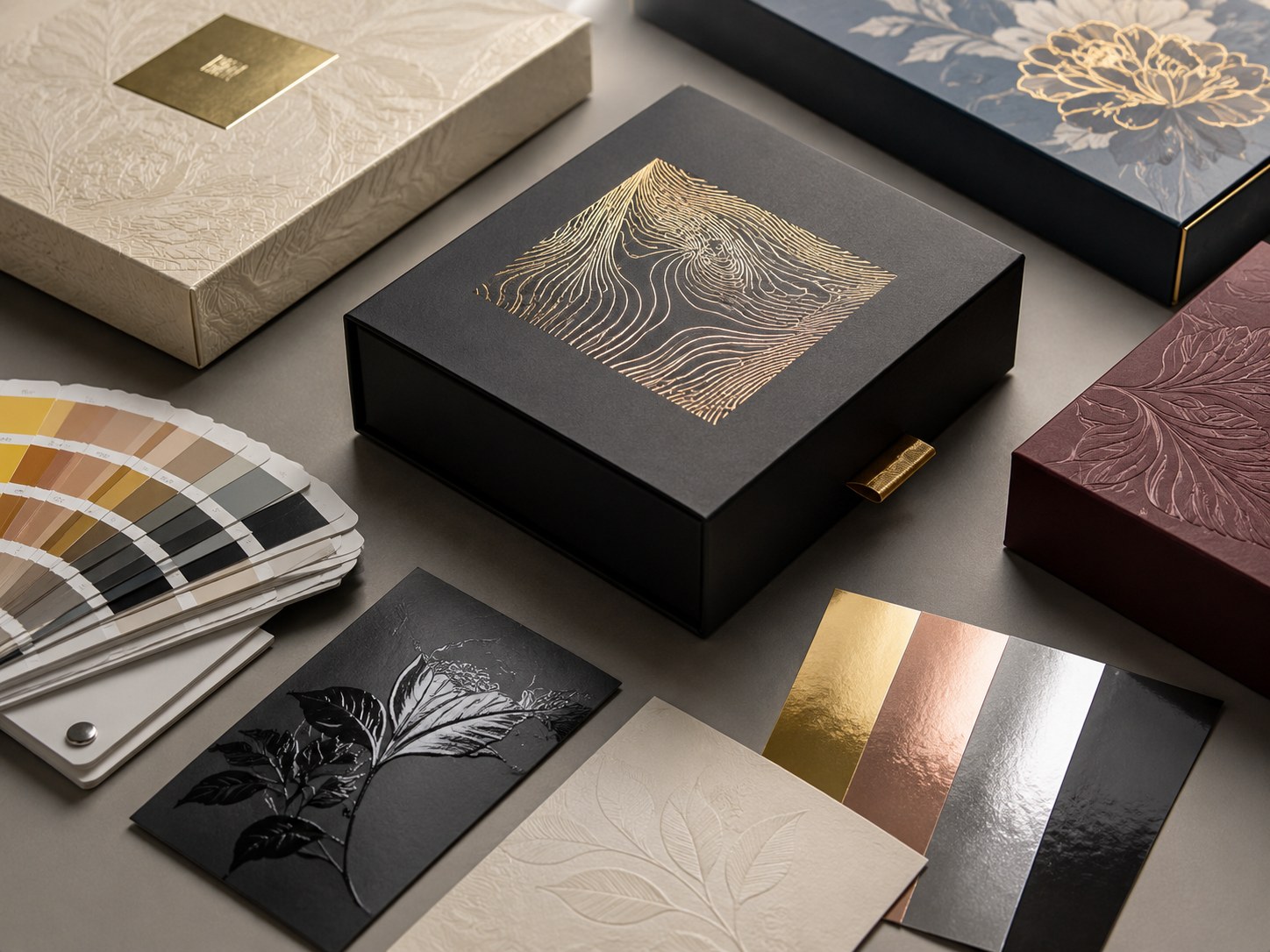 Printing and finishing options for magnetic rigid boxes including hot foil stamping, embossing and spot UV