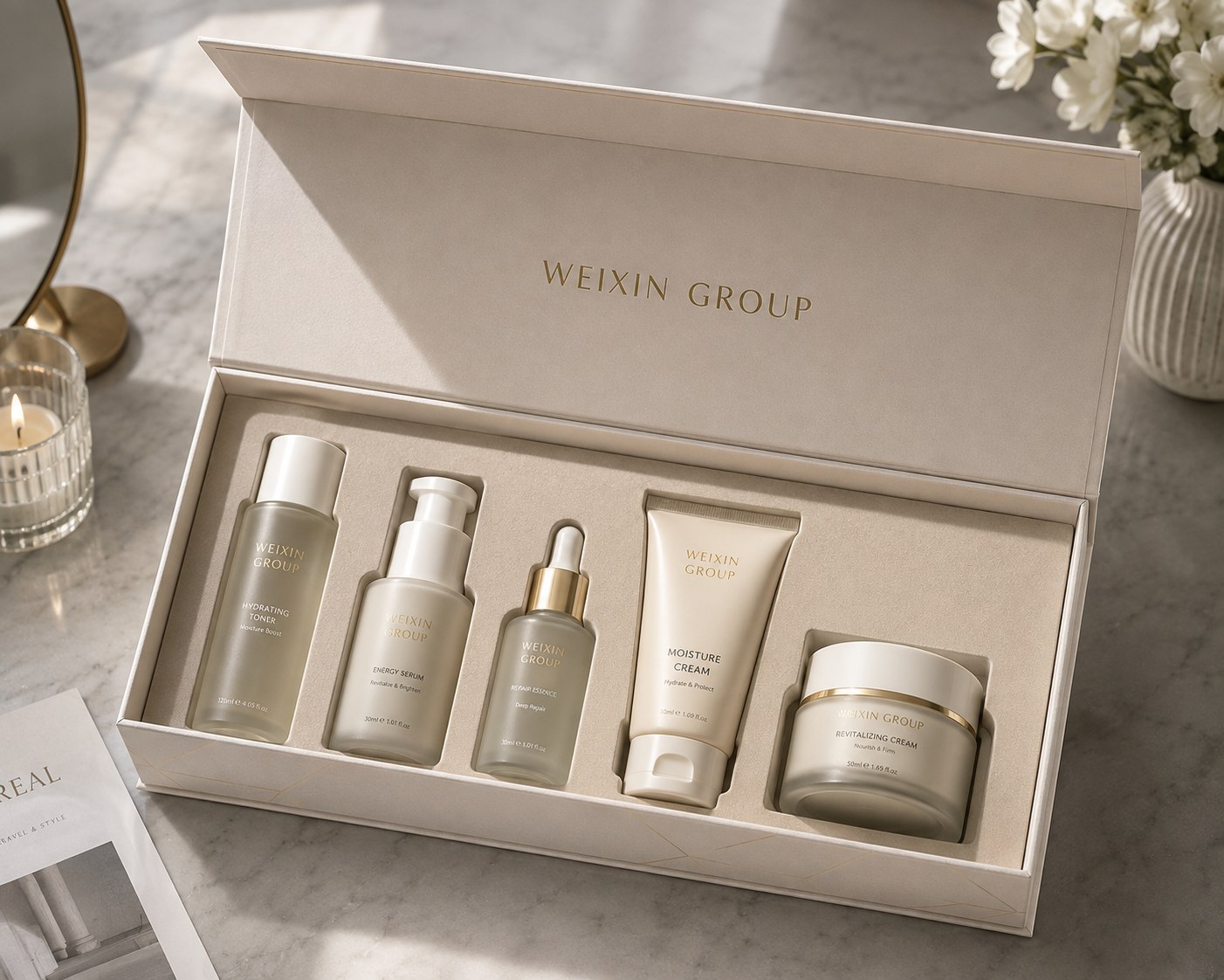 Custom magnetic presentation box for cosmetics and skincare products with fitted insert
