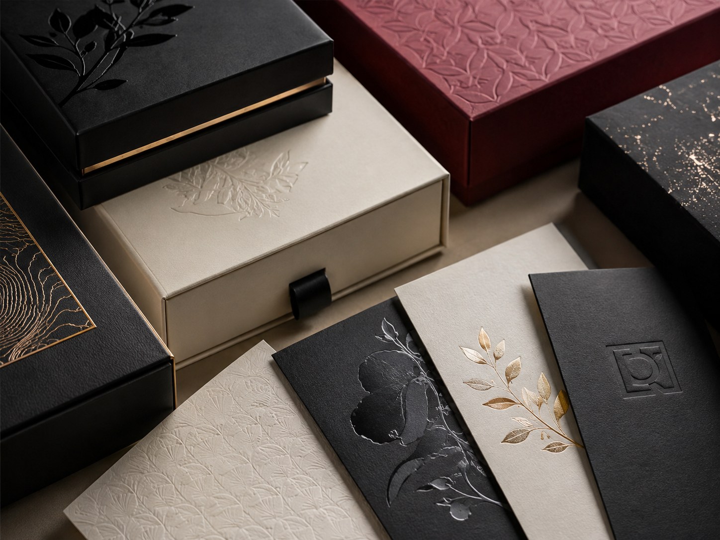 Foil stamping embossing and specialty finishing options for custom magnetic rigid boxes