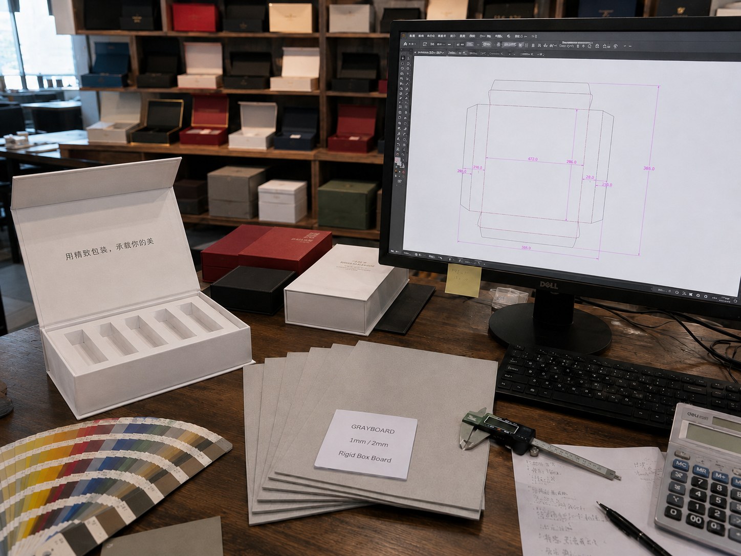 Greyboard and wrapping paper materials for custom magnetic rigid box production