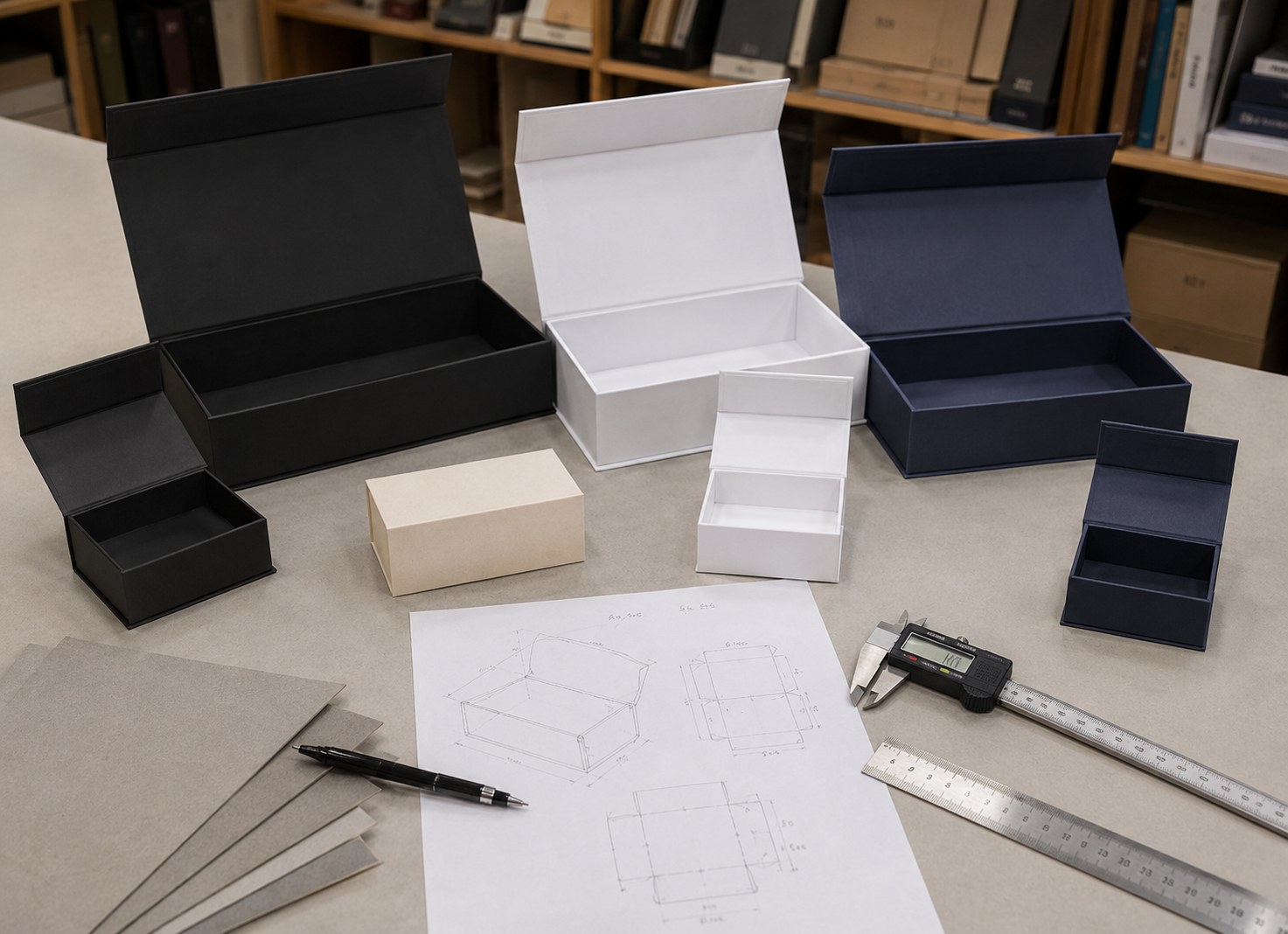 Magnetic rigid box sizes and order quantities affecting custom packaging production cost